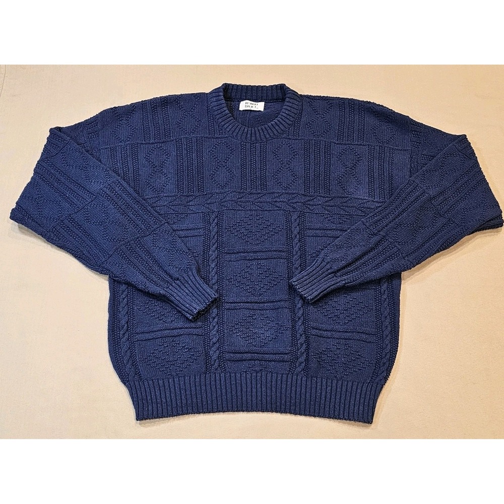 Robert Bruce Diamond Knit Vintage Mens L Navy Blue Crew Neck Sweater Made In USA